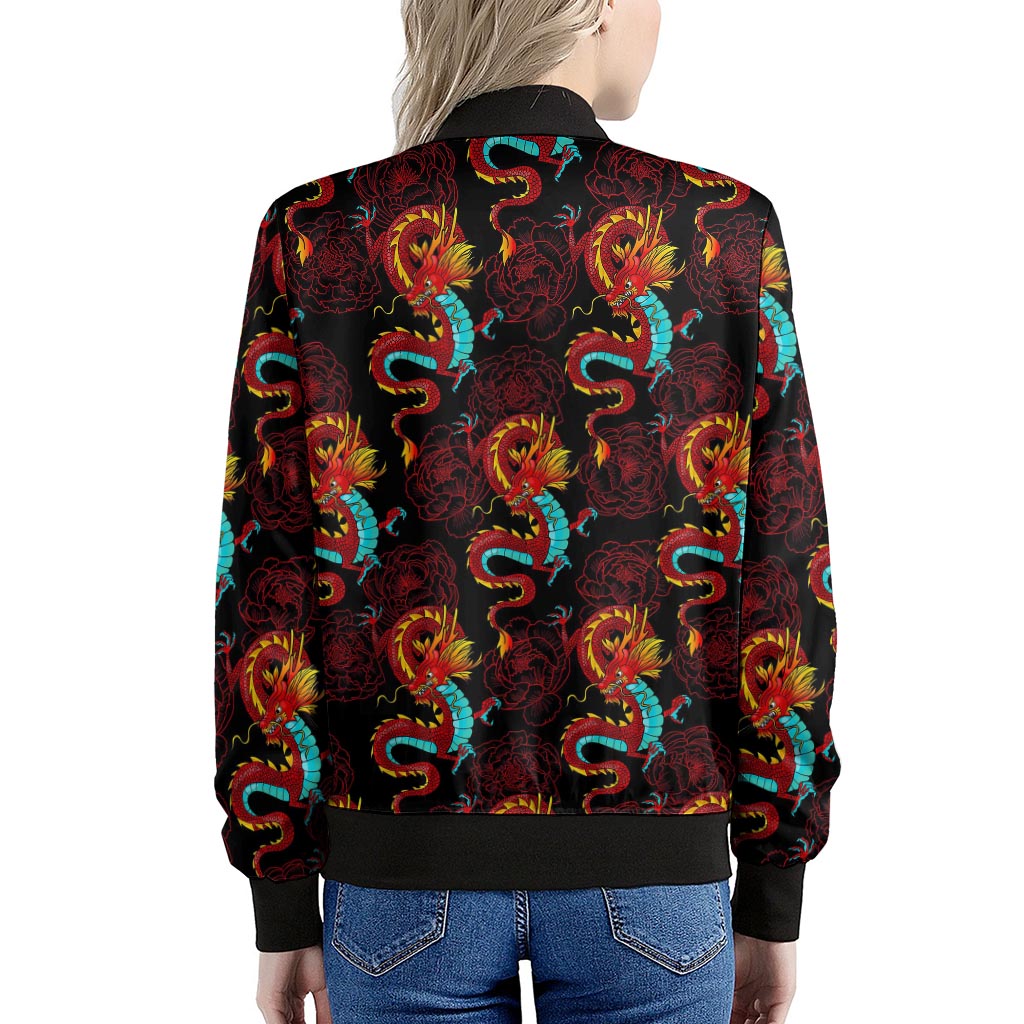 Red Dragon Lotus Pattern Print Women's Bomber Jacket