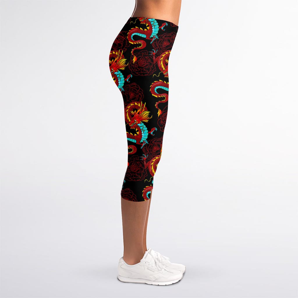 Red Dragon Lotus Pattern Print Women's Capri Leggings