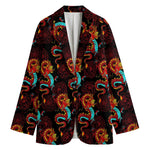 Red Dragon Lotus Pattern Print Women's Cotton Blazer