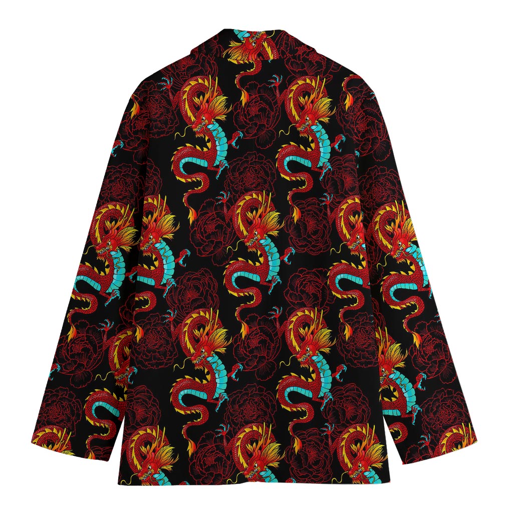 Red Dragon Lotus Pattern Print Women's Cotton Blazer