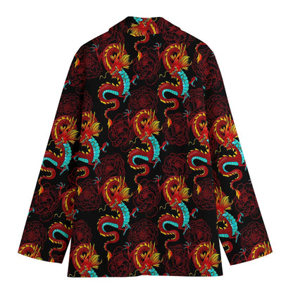 Red Dragon Lotus Pattern Print Women's Cotton Blazer