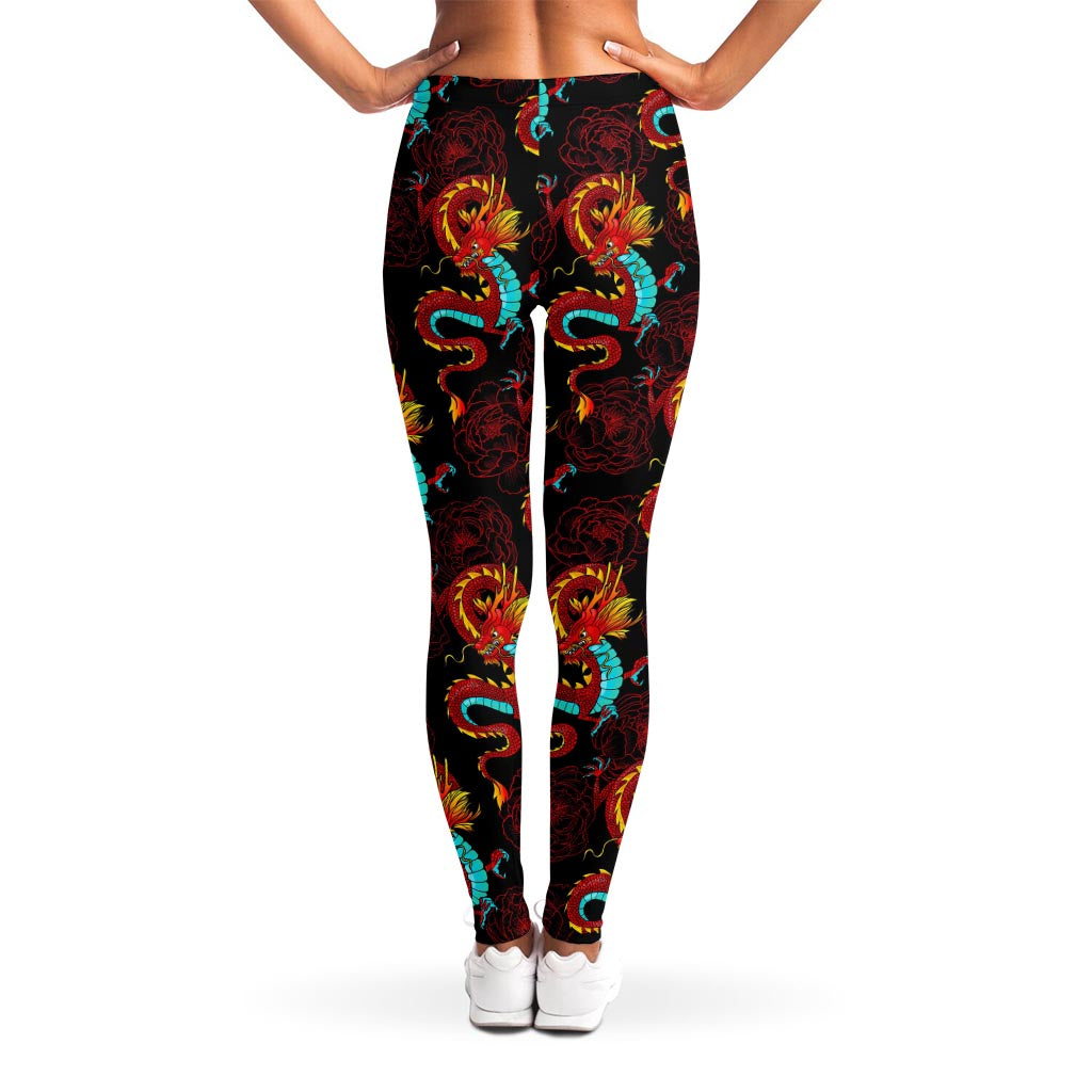 Red Dragon Lotus Pattern Print Women's Leggings