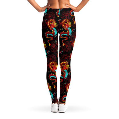 Red Dragon Lotus Pattern Print Women's Leggings