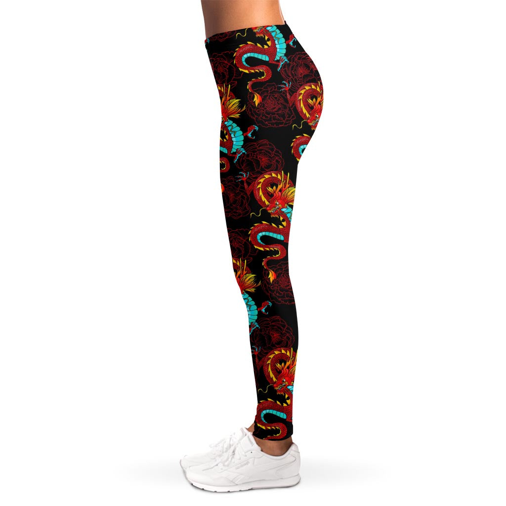 Red Dragon Lotus Pattern Print Women's Leggings