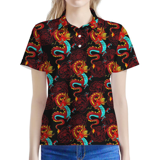 Red Dragon Lotus Pattern Print Women's Polo Shirt