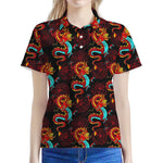Red Dragon Lotus Pattern Print Women's Polo Shirt
