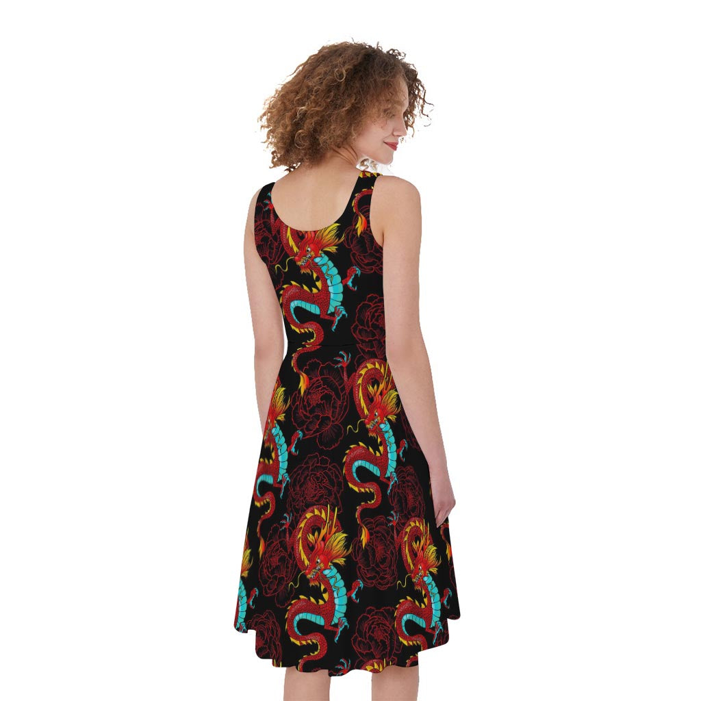 Red Dragon Lotus Pattern Print Women's Sleeveless Dress
