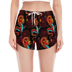 Red Dragon Lotus Pattern Print Women's Split Running Shorts
