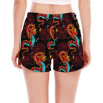 Red Dragon Lotus Pattern Print Women's Split Running Shorts
