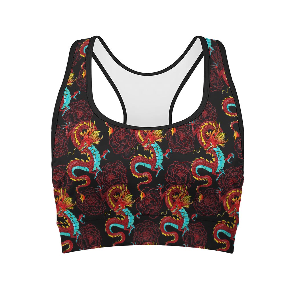 Red Dragon Lotus Pattern Print Women's Sports Bra