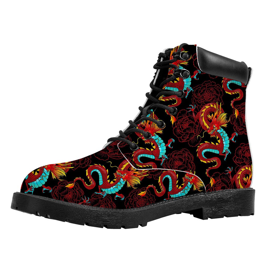 Red Dragon Lotus Pattern Print Work Boots