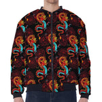 Red Dragon Lotus Pattern Print Zip Sleeve Bomber Jacket