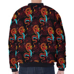 Red Dragon Lotus Pattern Print Zip Sleeve Bomber Jacket
