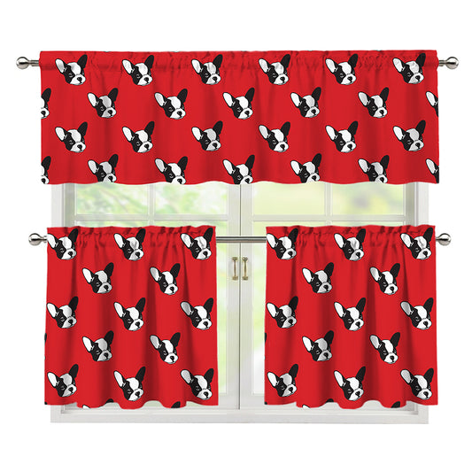 Red French Bulldog Pattern Print 3 Piece Kitchen Curtains