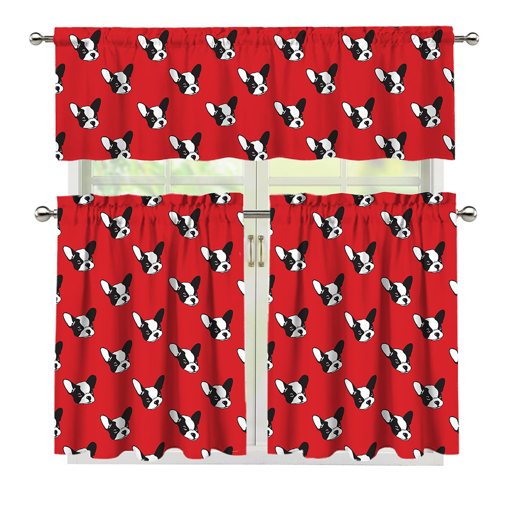 Red French Bulldog Pattern Print 3 Piece Kitchen Curtains