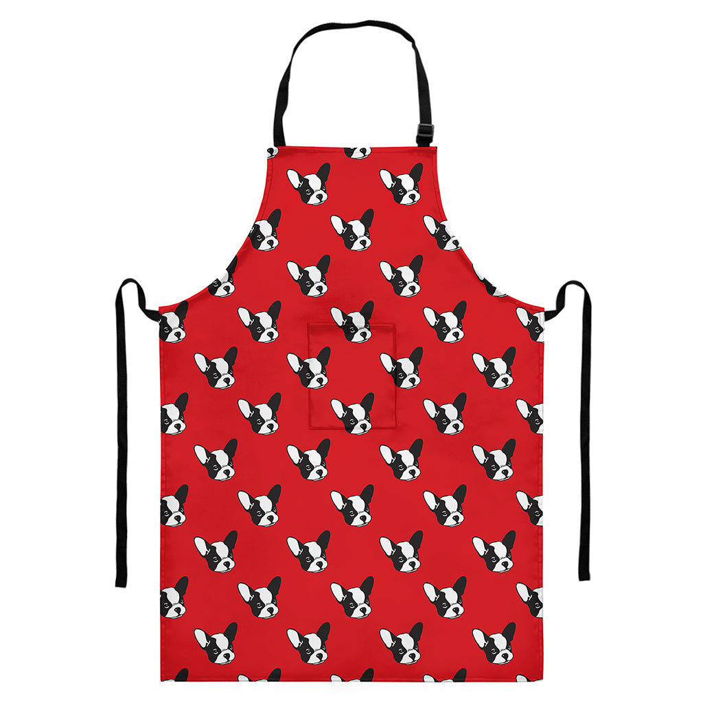 Red French Bulldog Pattern Print Bib Apron With Pocket