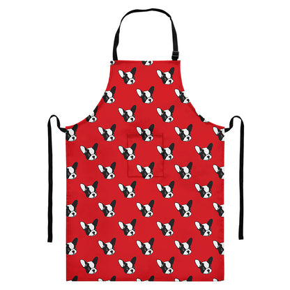 Red French Bulldog Pattern Print Bib Apron With Pocket
