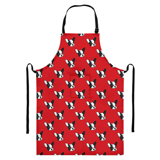 Red French Bulldog Pattern Print Bib Apron With Pocket