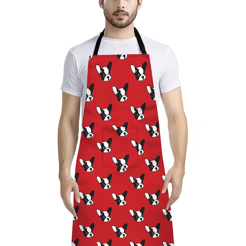 Red French Bulldog Pattern Print Bib Apron With Pocket