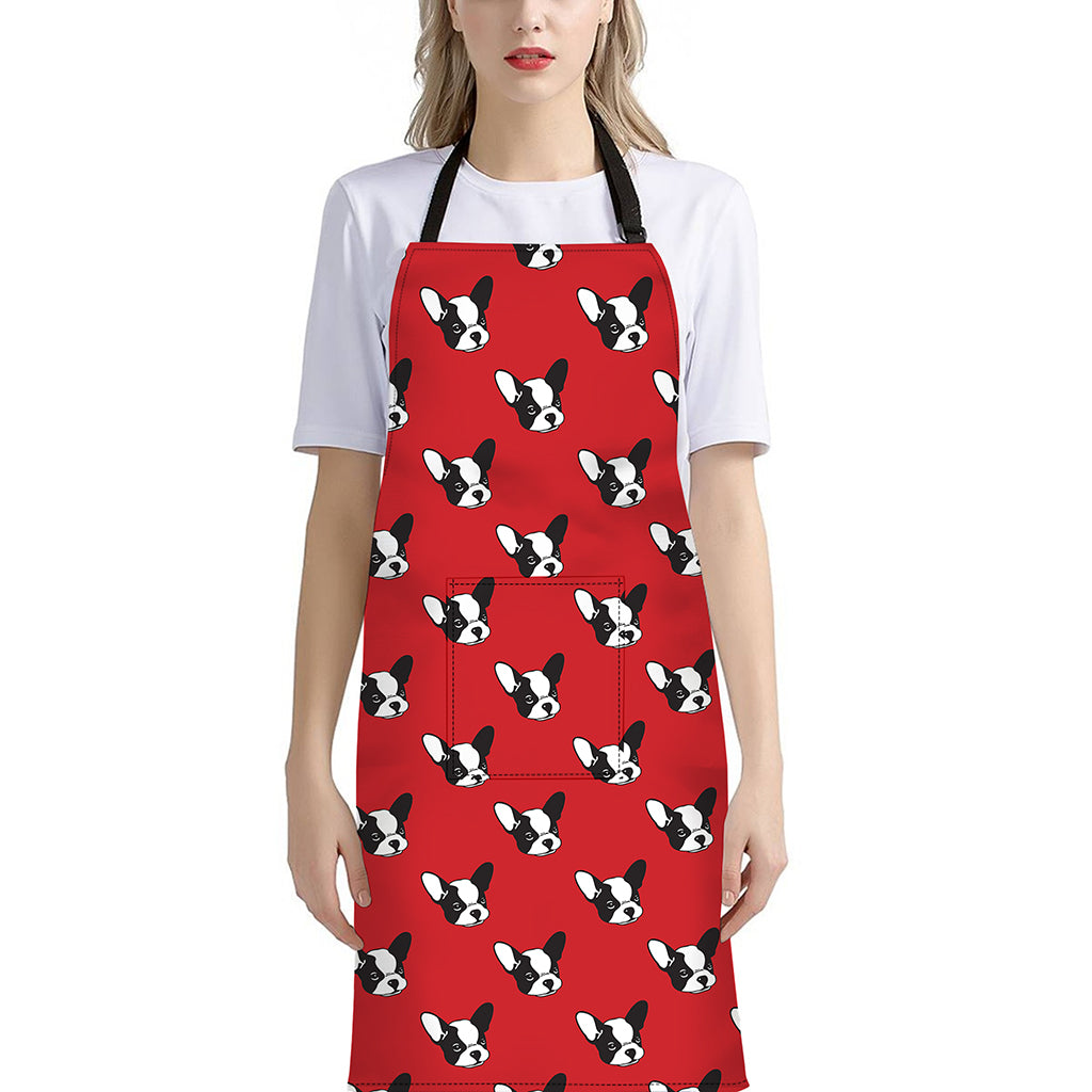 Red French Bulldog Pattern Print Bib Apron With Pocket