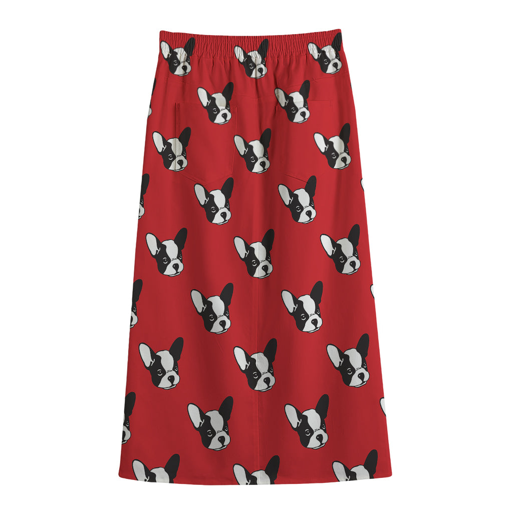 Red French Bulldog Pattern Print Cotton Front Slit Maxi Skirt