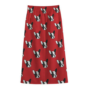 Red French Bulldog Pattern Print Cotton Front Slit Maxi Skirt