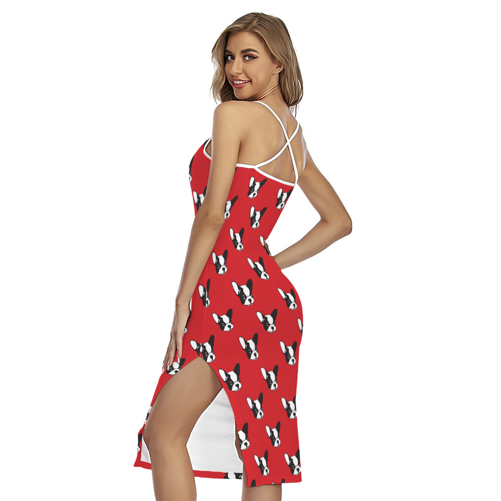 Red French Bulldog Pattern Print Cross Back Cami Dress