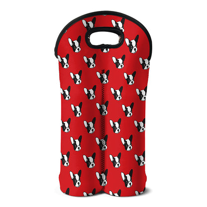 Red French Bulldog Pattern Print Double Neoprene Wine Tote