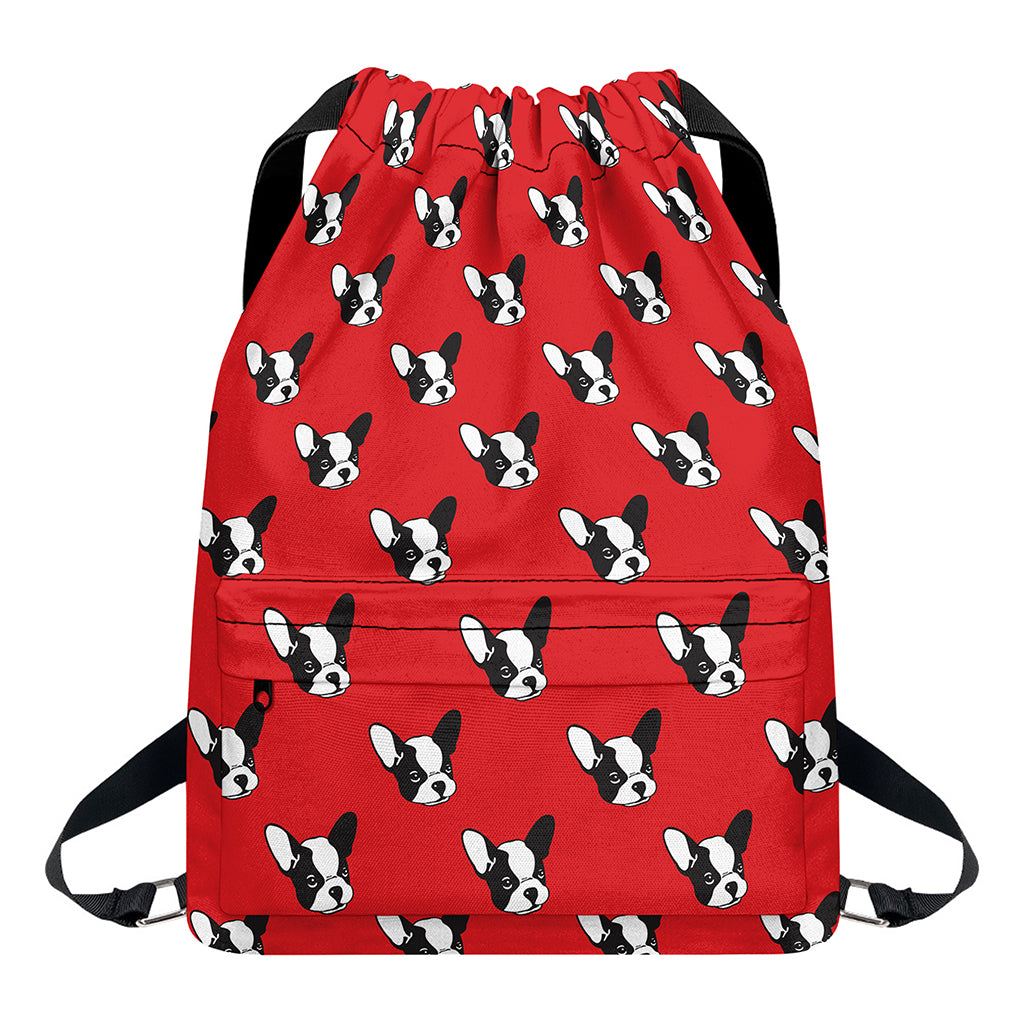 Red French Bulldog Pattern Print Drawstring Backpack