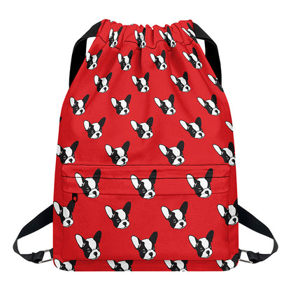 Red French Bulldog Pattern Print Drawstring Backpack