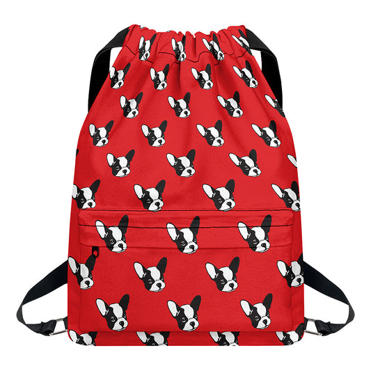 Red French Bulldog Pattern Print Drawstring Backpack