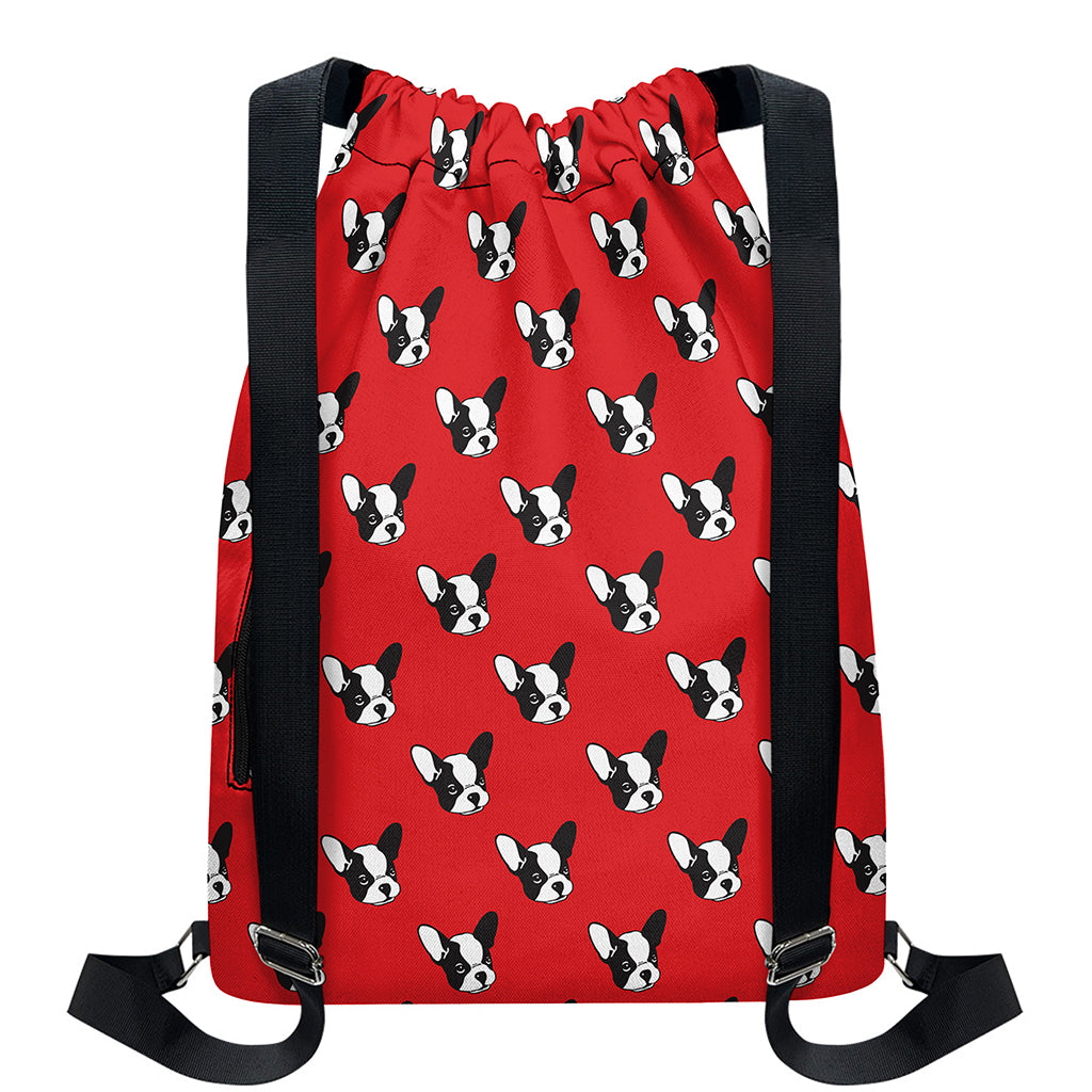 Red French Bulldog Pattern Print Drawstring Backpack
