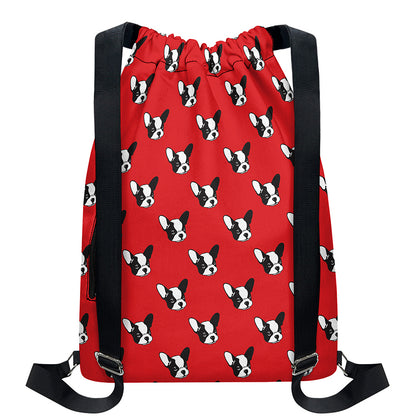 Red French Bulldog Pattern Print Drawstring Backpack