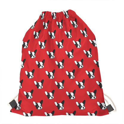 Red French Bulldog Pattern Print Drawstring Bag