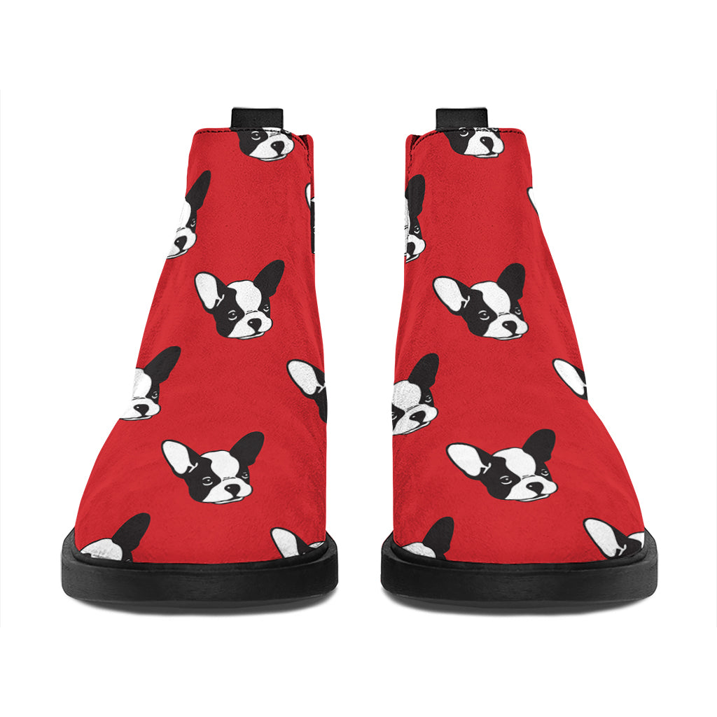 Red French Bulldog Pattern Print Flat Ankle Boots