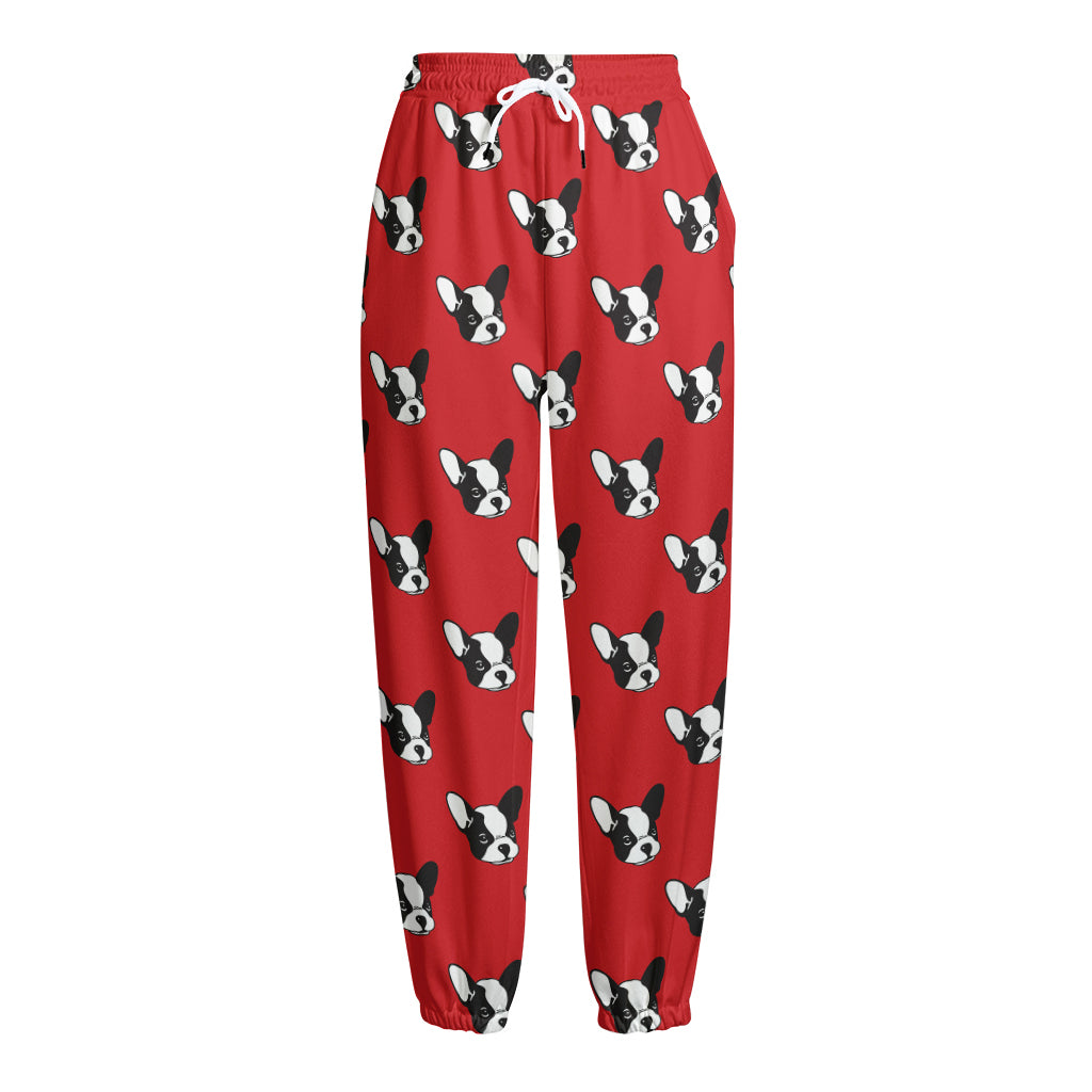 Red French Bulldog Pattern Print Fleece Lined Knit Pants
