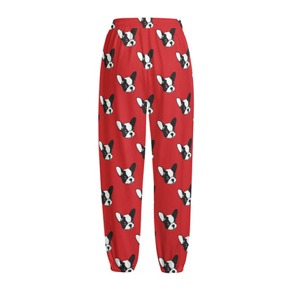 Red French Bulldog Pattern Print Fleece Lined Knit Pants