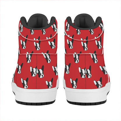 Red French Bulldog Pattern Print High Top Leather Sneakers