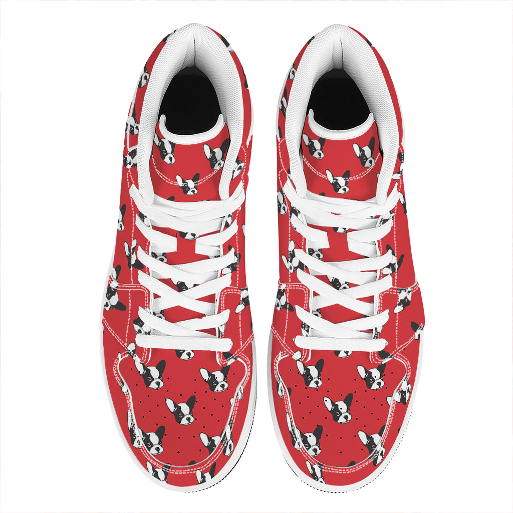 Red French Bulldog Pattern Print High Top Leather Sneakers
