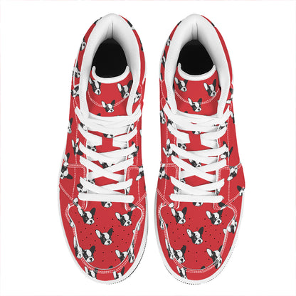 Red French Bulldog Pattern Print High Top Leather Sneakers