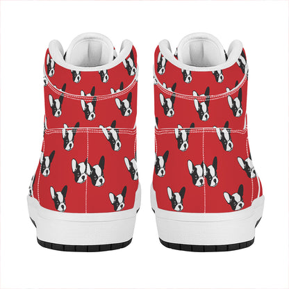 Red French Bulldog Pattern Print High Top Leather Sneakers