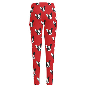 Red French Bulldog Pattern Print High-Waisted Pocket Leggings