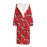 Red French Bulldog Pattern Print Hooded Bathrobe