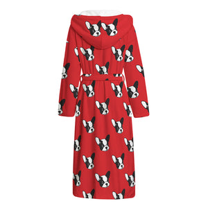 Red French Bulldog Pattern Print Hooded Bathrobe