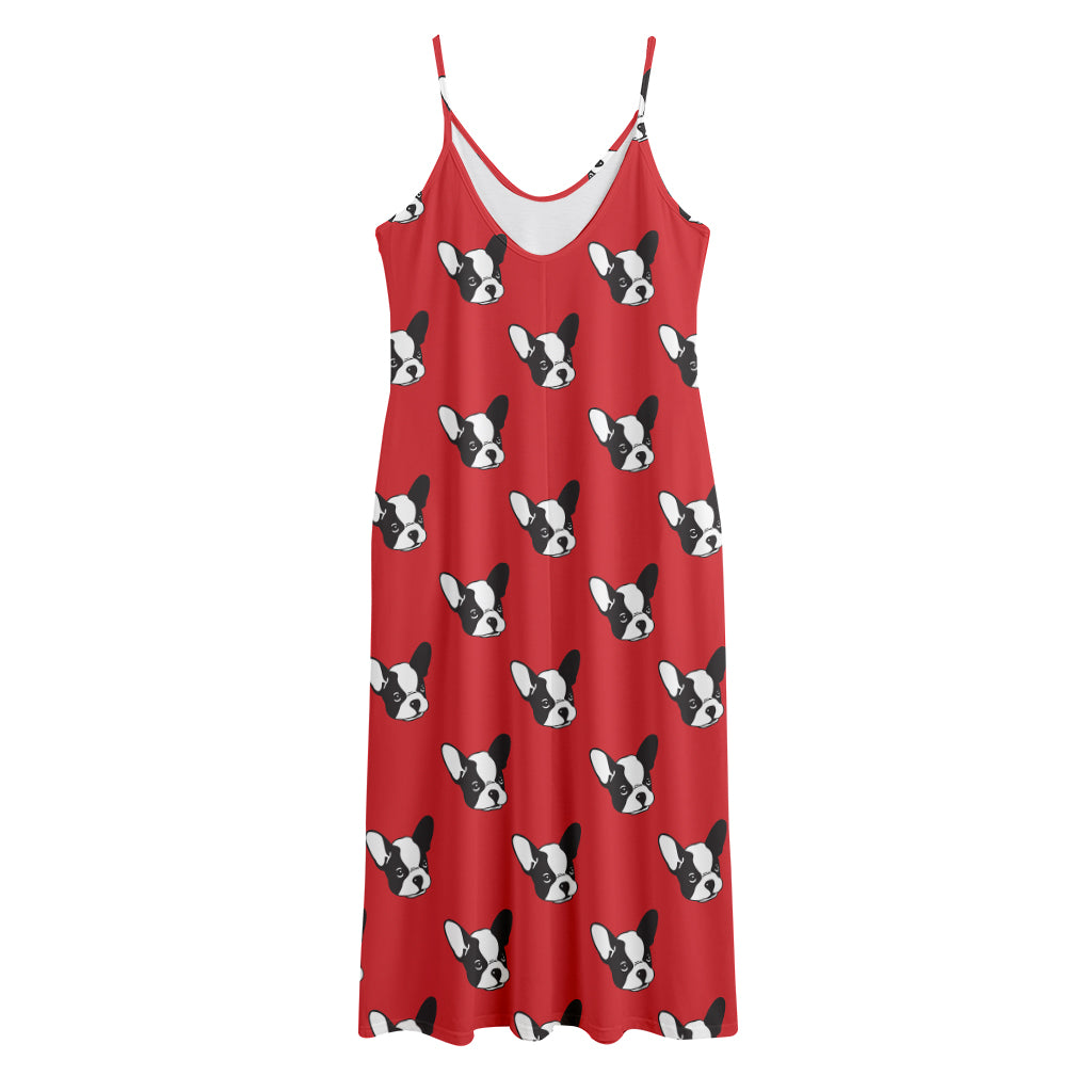 Red French Bulldog Pattern Print Jersey Midi Cami Dress