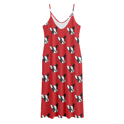 Red French Bulldog Pattern Print Jersey Midi Cami Dress