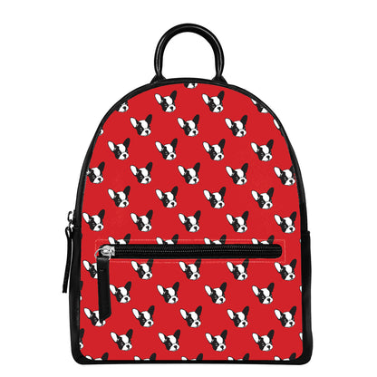 Red French Bulldog Pattern Print Leather Backpack