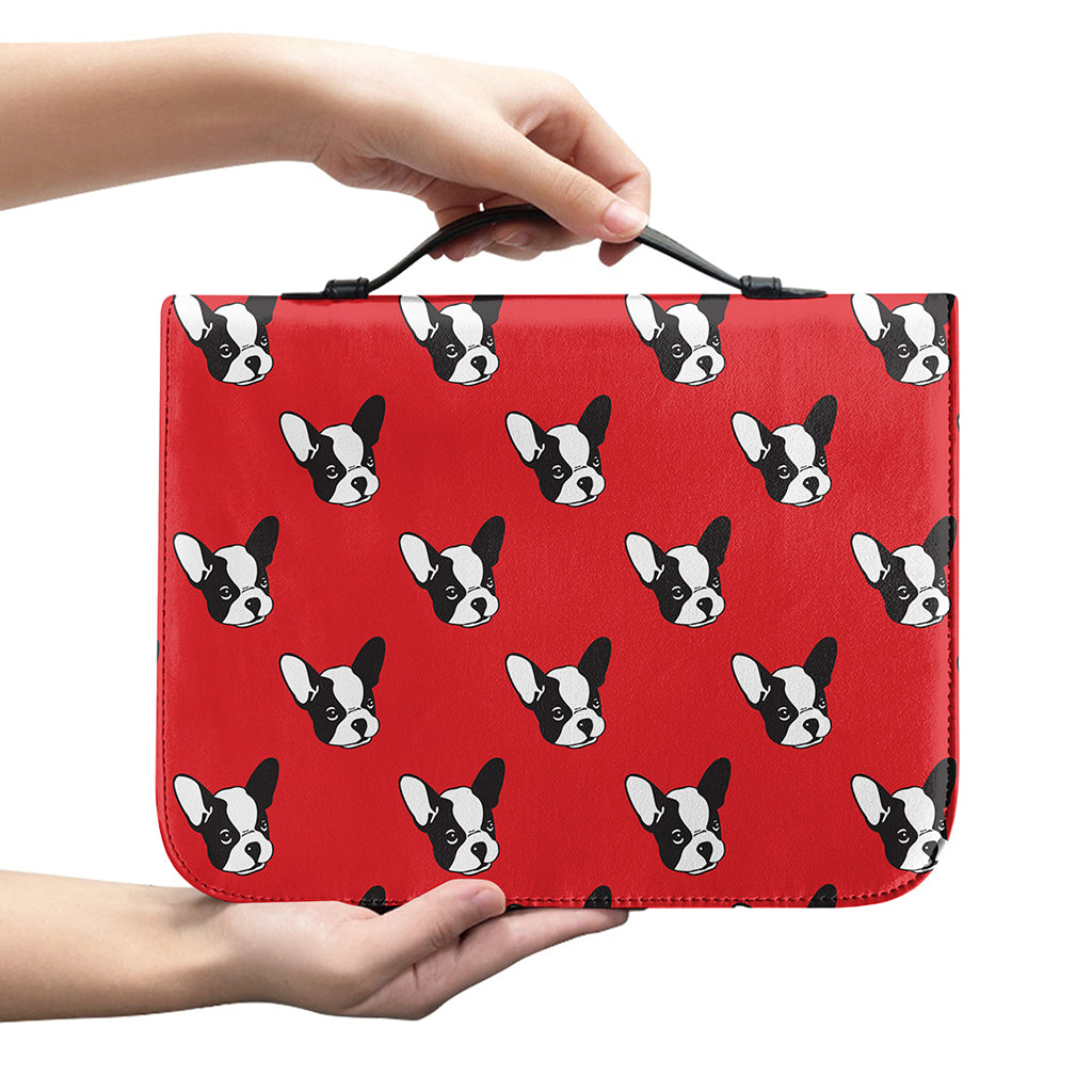 Red French Bulldog Pattern Print Leather Bible Cover