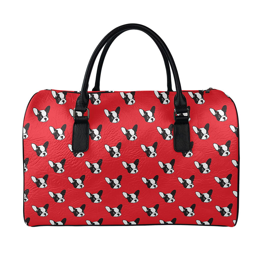 Red French Bulldog Pattern Print Leather Duffle Bag