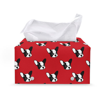 Red French Bulldog Pattern Print Leather Tissue Box Cover